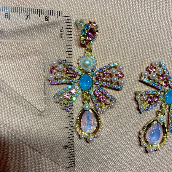 🌟 Pink Rhinestone Bowknot Big Drop Earrings - Picture 7 of 12
